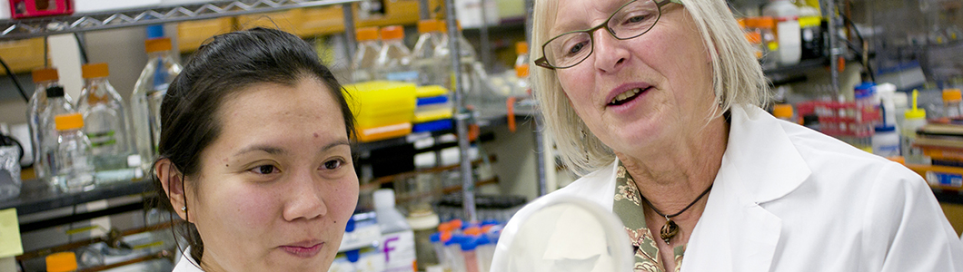 Two scientists in white coats consider the contents of a petri dish.