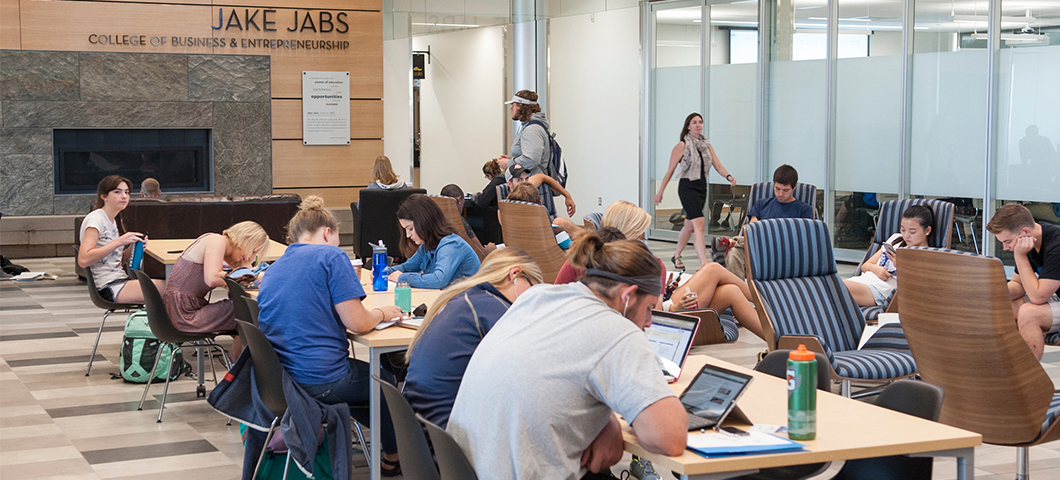 Students study in the main lobby of Jabs Hall