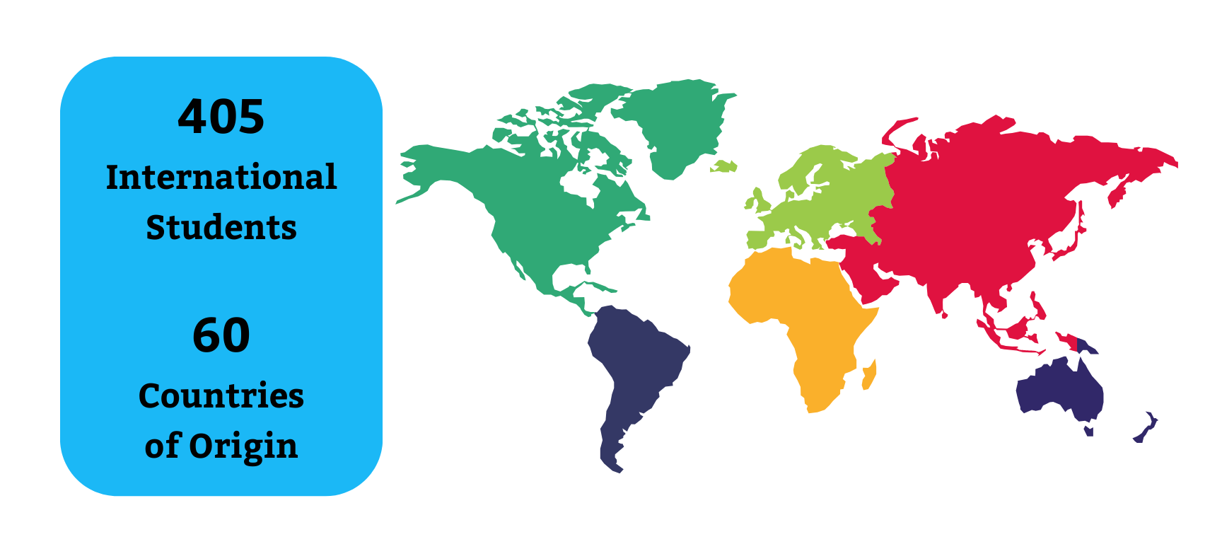 405 international students from 60 countries of origin on a map of the world