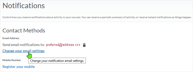 D2L 20.19.05 screenshot - Notifications area email change
