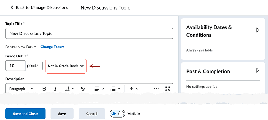 Brightspace screenshot 20.23.04 - "Not in Grade Book" displays