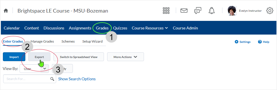 D2L 20.19.6 screenshot - select Grades link from Course Nav bar, select Enter Grades tab, select "Export" button