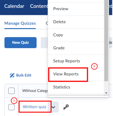 quiz reports page with View Reports outlined in red