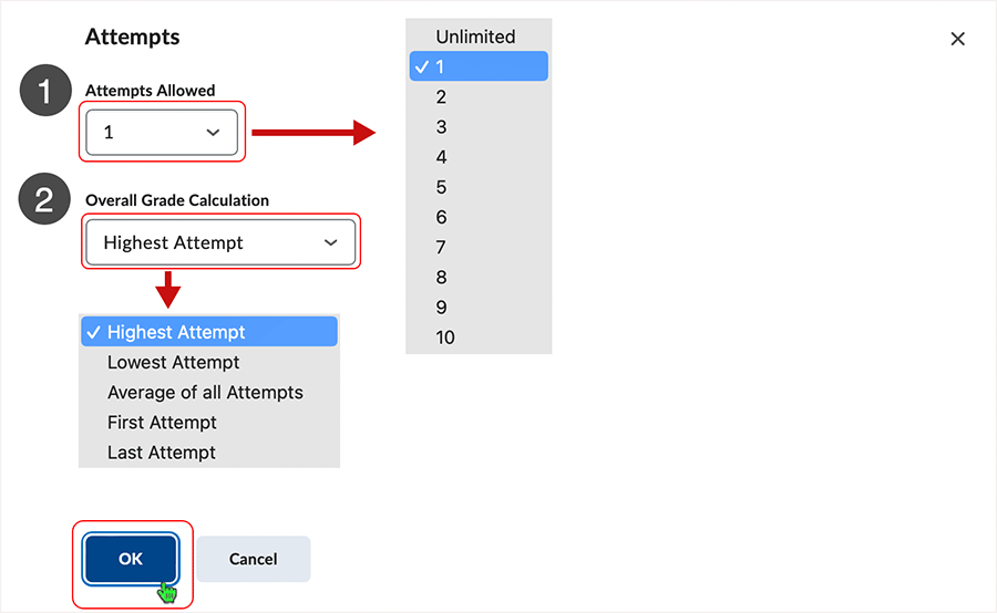 Brightspace screenshot 20.23.02 - "Attempts Allowed" and "Overall Grade Calculation" details