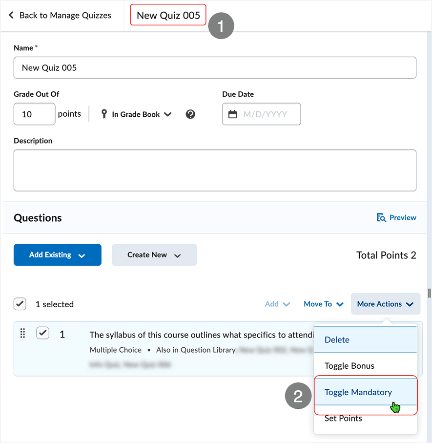 Brightspace screenshot 20.23.02 - selecting the "Toggle Mandatory" option