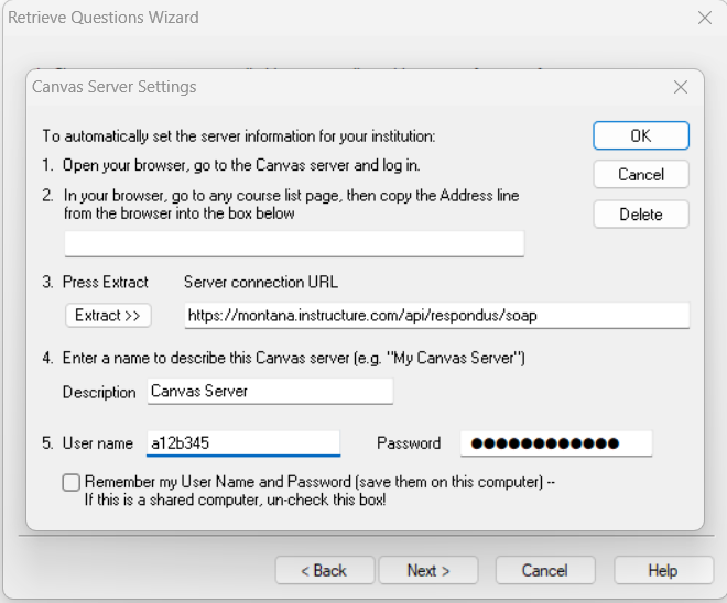 respondus settings page with several fields including the connecting URL and the username and passowrd