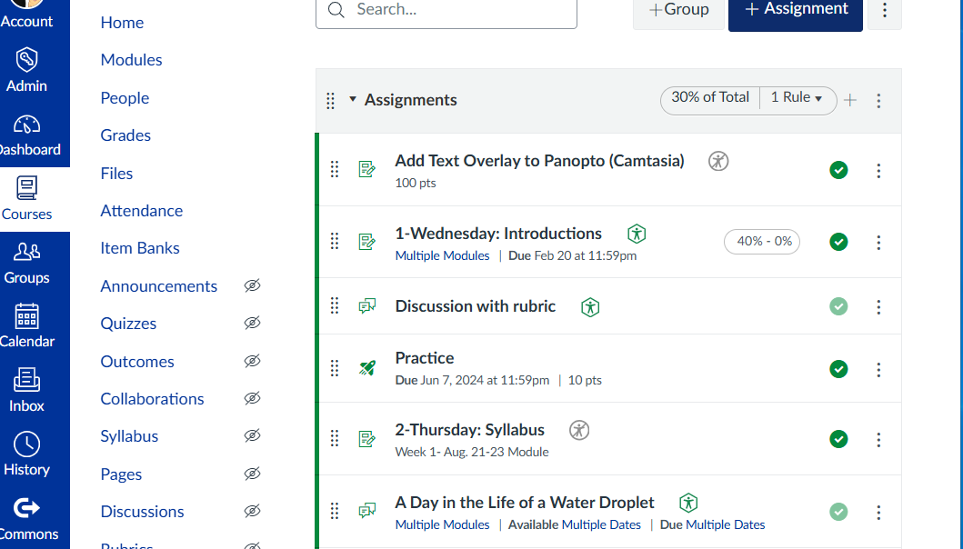 Assignments list in Canvas