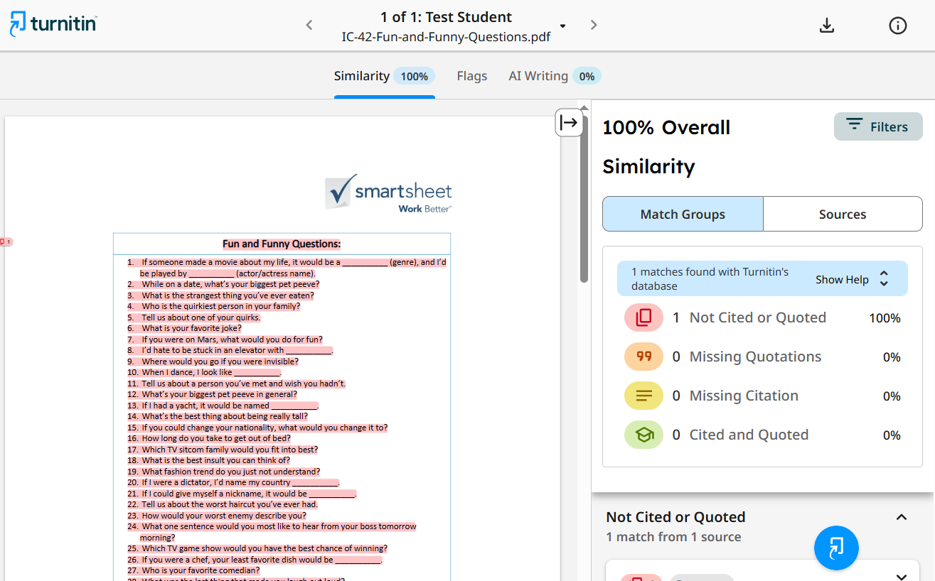 turnitin view of student submission and report