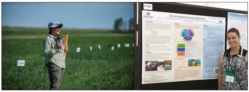 photo of woman speaking in front of crop field, photo of woman smiling next to her poster