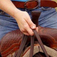 Person on a horse holding reins togther with one hand firmly grasping and their thumb on top