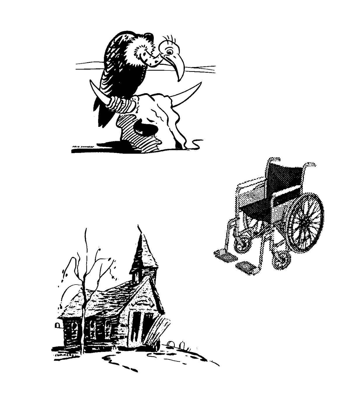 Picture 1: graphic of a vulture sitting on a cow skull, Picture 2: graphic of a black wheelchair, Picture 3: graphic of old abndoned house with a bare tree next to it.