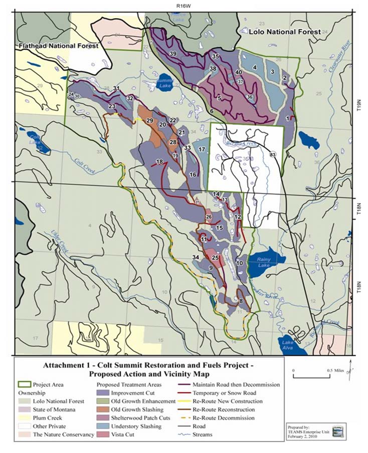 Map displaying the Colt Summit Restoration and fuels proposed actions with different colors for different actions.