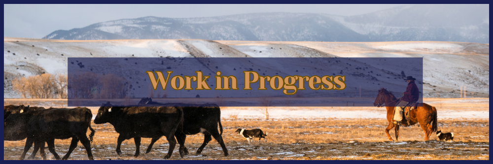 Image shows cattle rancher working his cows on horseback in a pasture with the words, "Work in Progress" written across the image. 