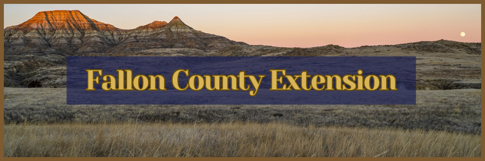 Landscape photo of Eastern Montana plains and hills with the words, "Fallon County Extension" written across. 