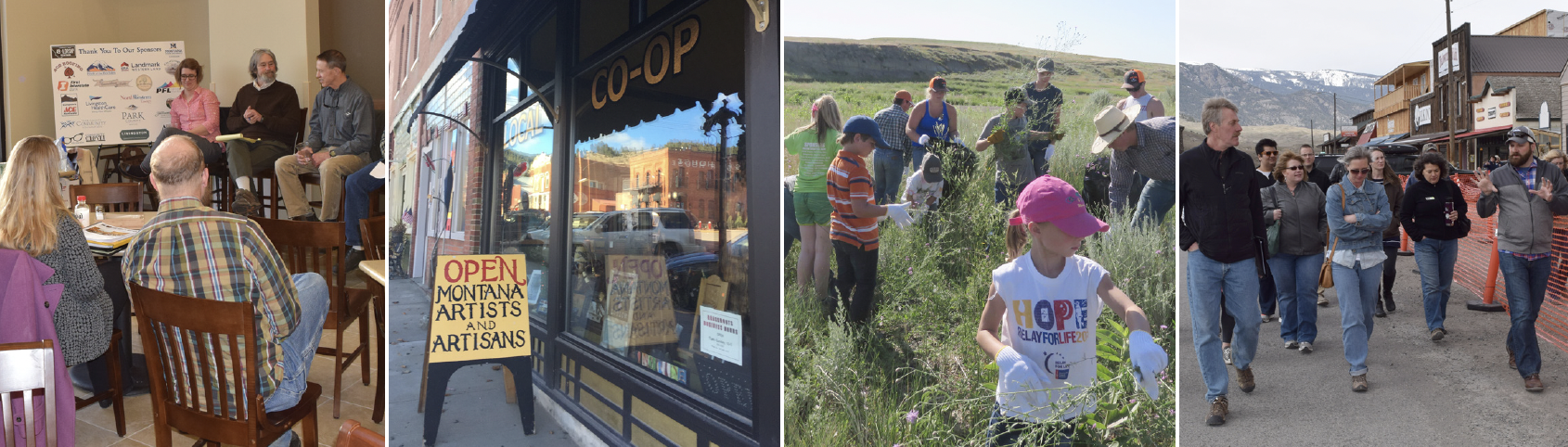 Four images make up the banner: Image one is a group of people sitting around and discussing, image two is the front window of a co-op shop, image three is a diverse group of people, young and old, pulling weeds in a field, and image four is a group of people walking through a small town.