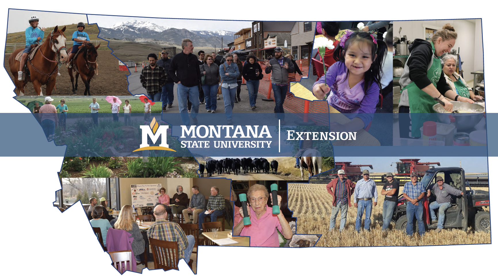 A collage of Extension related images placed in the outline of the state of Montana. A Montana State University Extension banner runs through the middle of the collage.