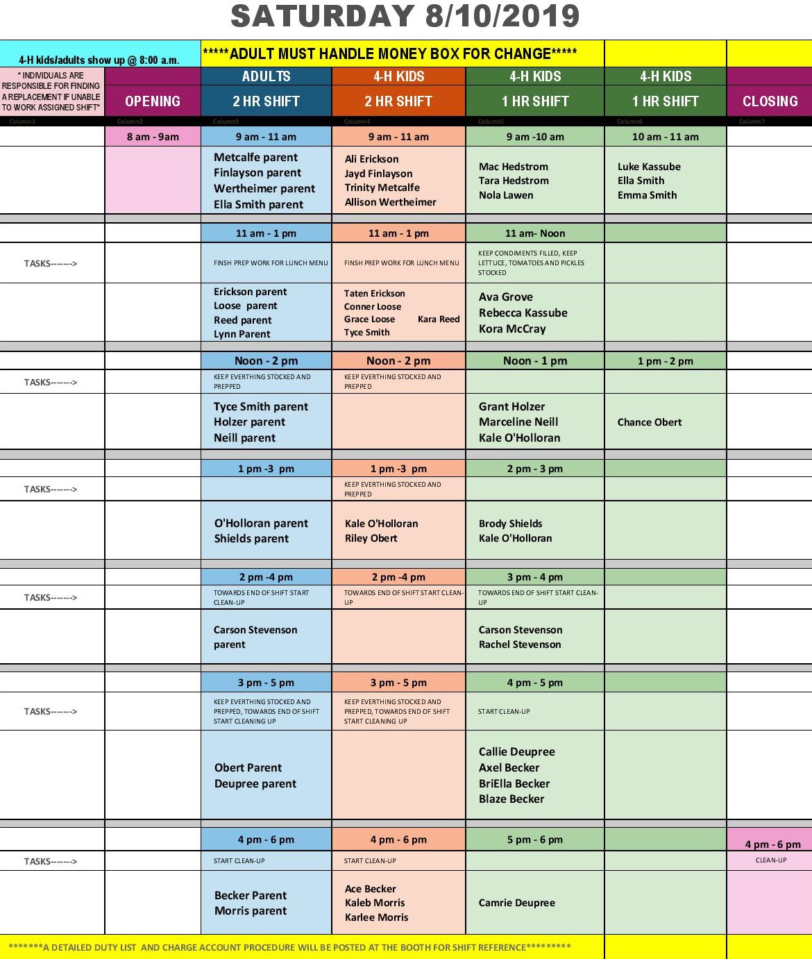 Saturday Food Booth Schedule