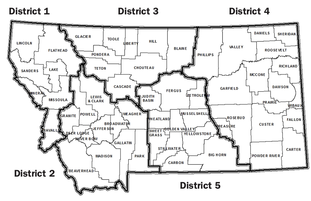 map showing the five Montana private applicator recertification districts 