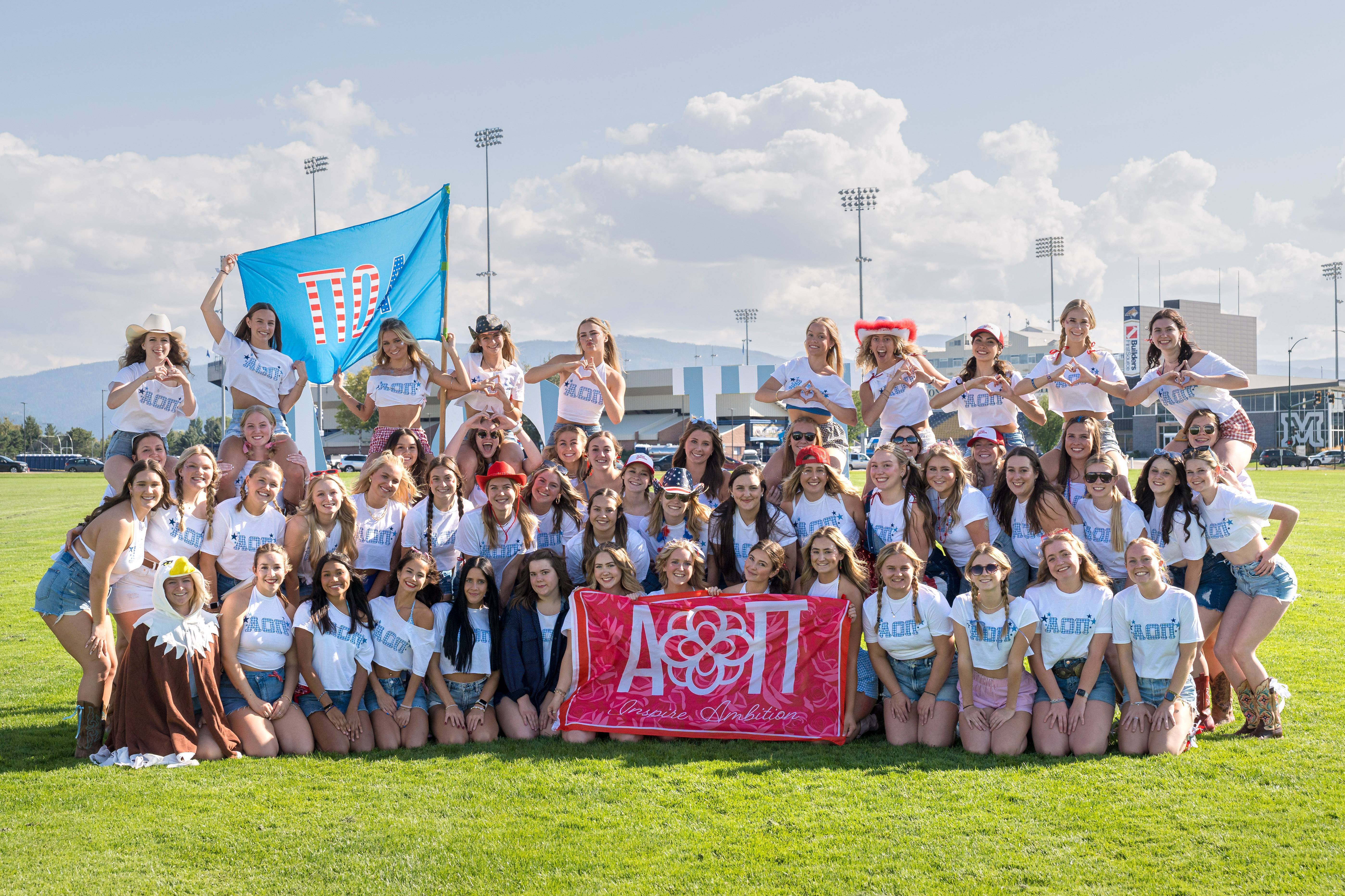 Sorority members standing together in Bobcat Stadium