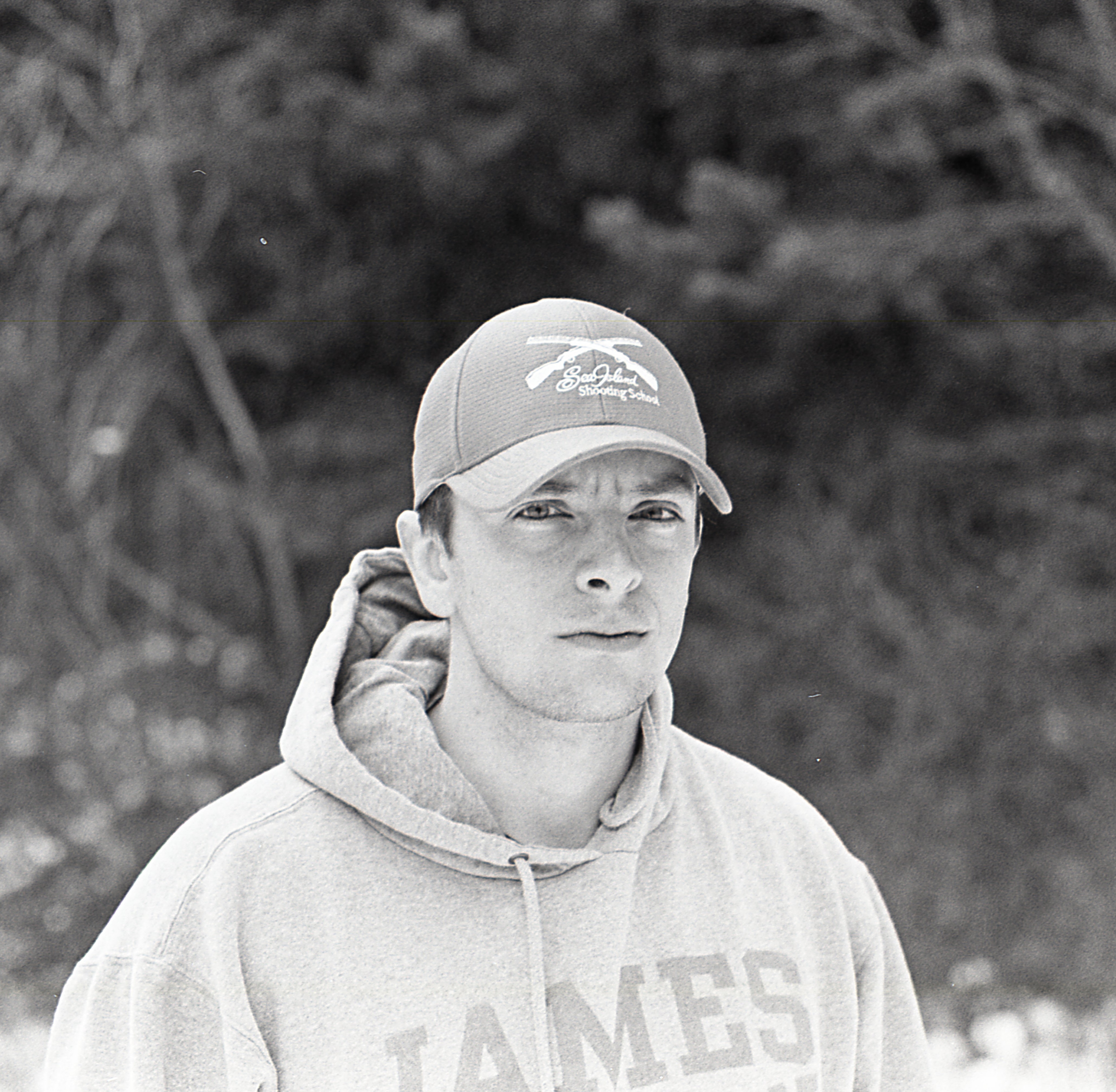 Dominic in the forest in black and white