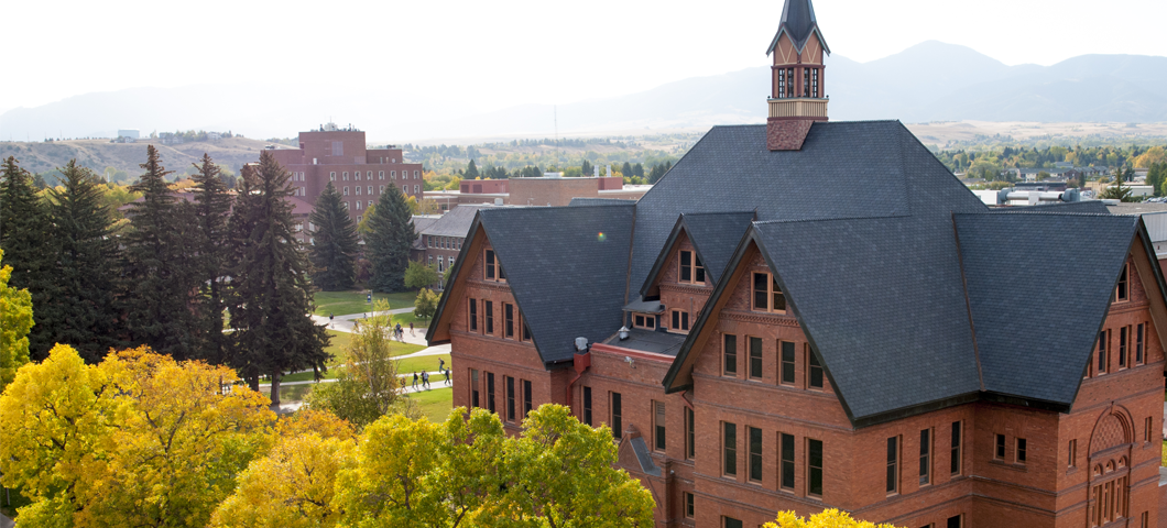 An arial view of Montana Hall at MSU.