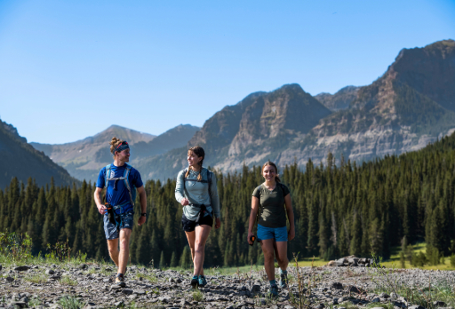 students hiking outside