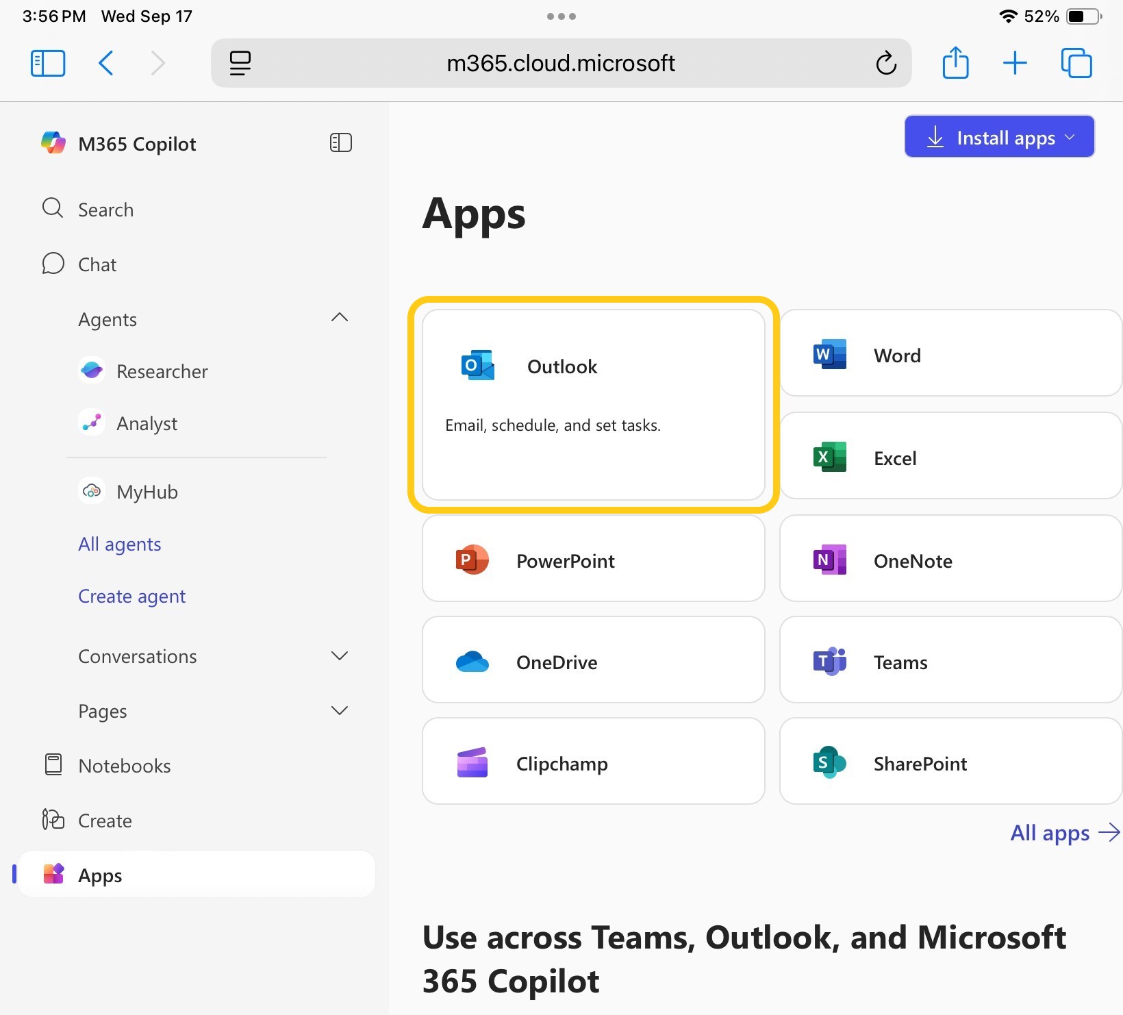 Office.com navigation panel with the app tab open and the Outlook button surrounded by a yellow square.