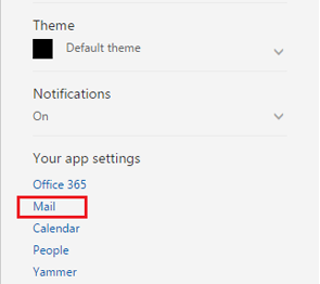 Settings drop-down menu displaying mail link.