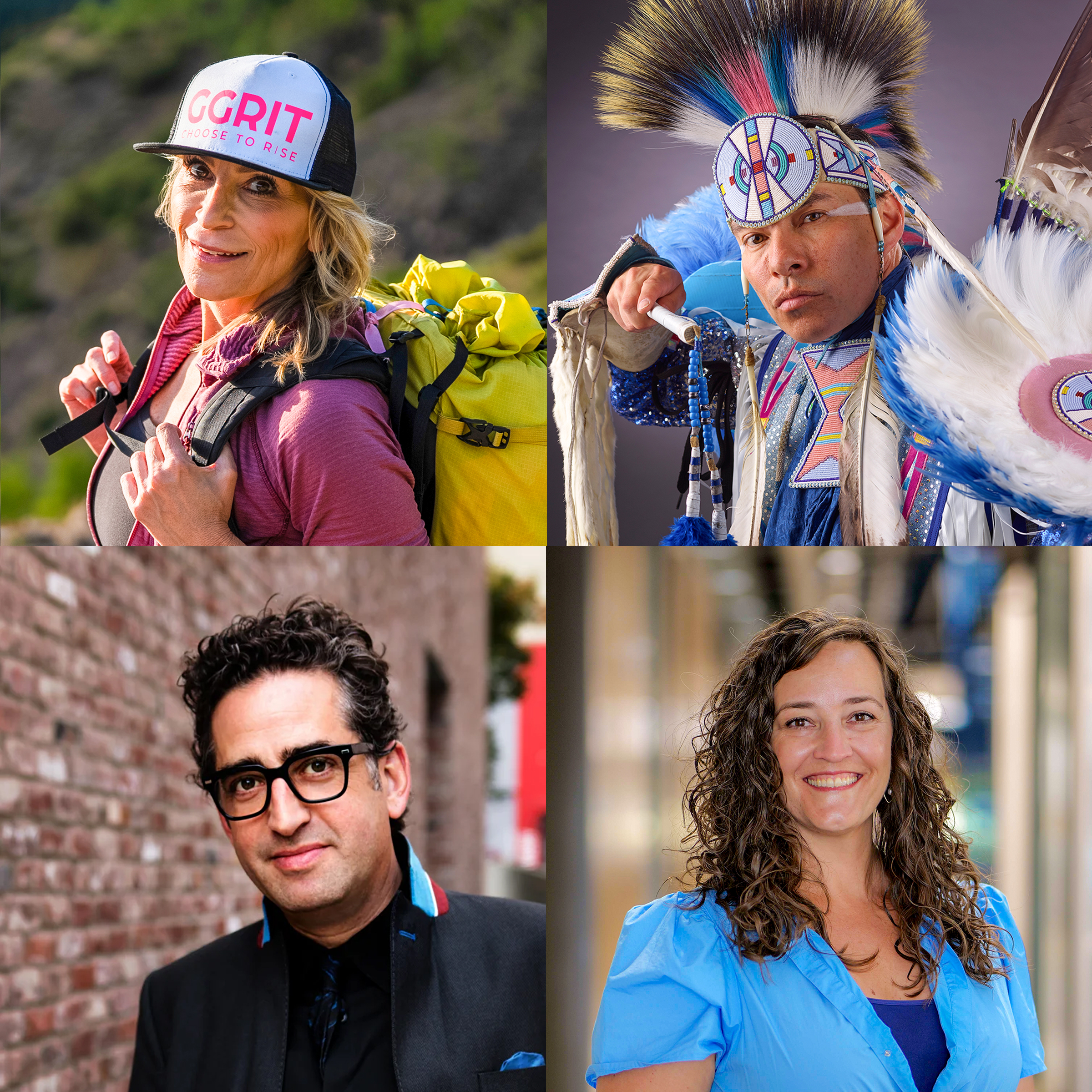 faces of woman with backpack, man in native american garb, man with glasses, smiling woman