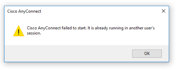 A screenshot of the Cisco AnyConnect error that reads: Cisco AnyConnect failed to start.  It is already running in another user's session.