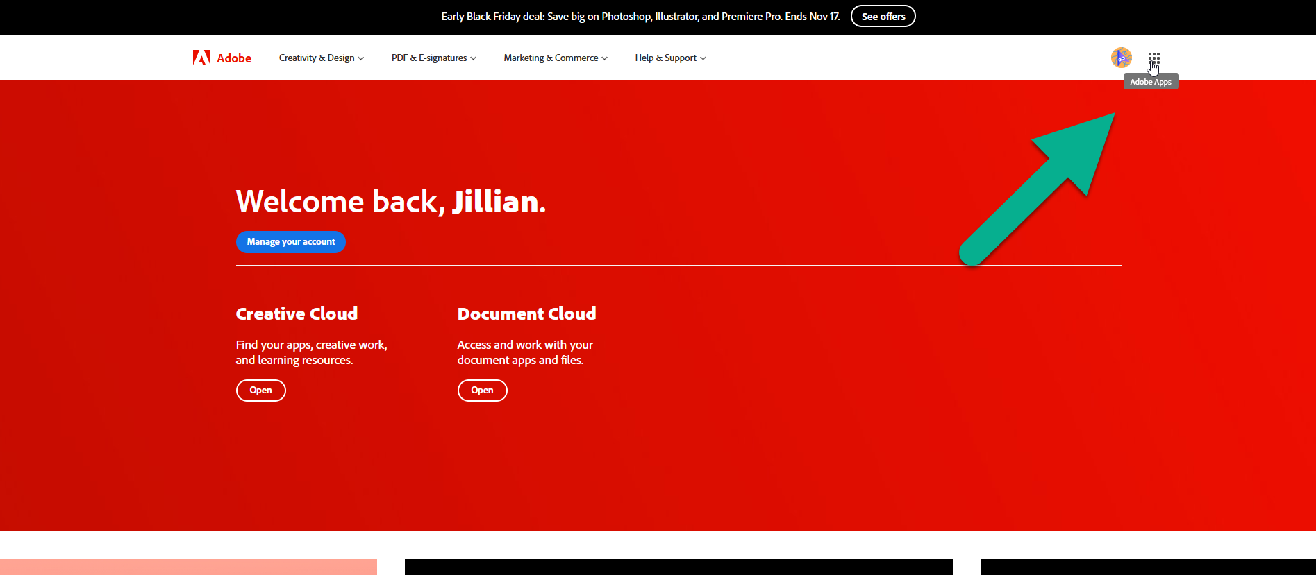adobe.com welcome page after login with an arrow pointing towards the apps button.